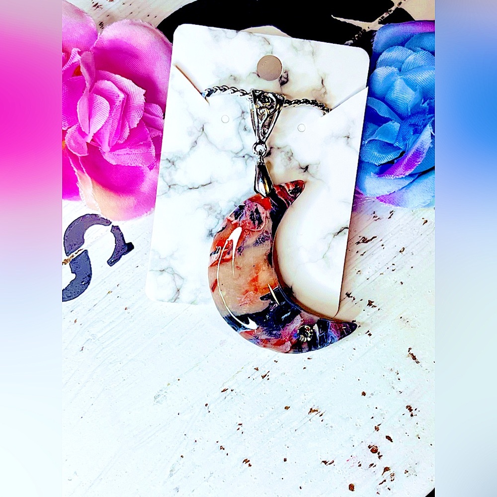 Handmade polymer clay moon pendant with crystal accent